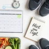 A clean, modern flat lay composition showing a calendar with one month highlighted, a stopwatch, a stack of books, a healthy meal prep container with vegetables, a pair of running shoes, and a motivational quote about fitness and time management, all arranged neatly on a white background with soft lighting