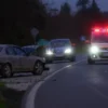 A realistic photograph of a severe traffic accident on a rural road in Russia's Amur region, showing a collision between two vehicles with visible damage, emergency vehicles with flashing lights arriving at the scene, and a somber atmosphere conveying loss of life and injuries