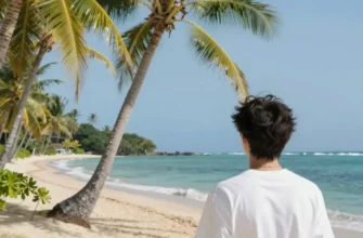 A serene tropical paradise with lush green palm trees, golden sand beaches, and turquoise ocean waves under a bright blue sky, with a person turning their head away from the idyllic scene, symbolizing avoidance of paradise