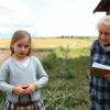 A young girl standing in a rural setting in the Astrakhan region, holding a small bag with a surprised expression, next to an elderly woman who looks worried and is holding a ledger or purse, with a simple house and open field in the background