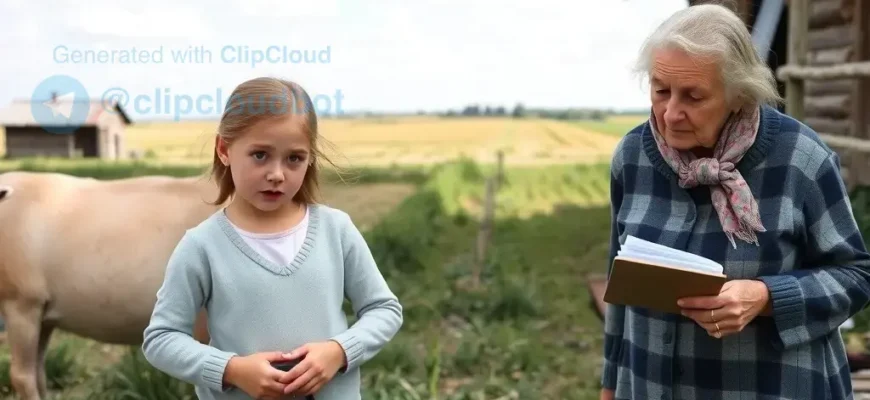 A young girl standing in a rural setting in the Astrakhan region, holding a small bag with a surprised expression, next to an elderly woman who looks worried and is holding a ledger or purse, with a simple house and open field in the background