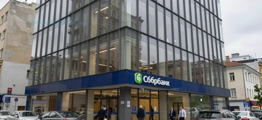 A modern office building with glass facades and open spaces, located on a street corner in a bustling city. The building should have visible signage for 'Сбербанк' and include elements like people entering the building, parked cars, and urban surroundings. The scene should reflect a professional and contemporary business environment.
