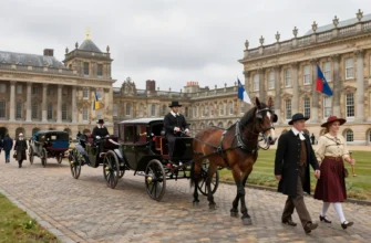 A cobblestone path with horse-drawn carriages and people in historical clothing walking along it, set in a royal courtyard with ornate buildings and flags in the background, daytime, realistic