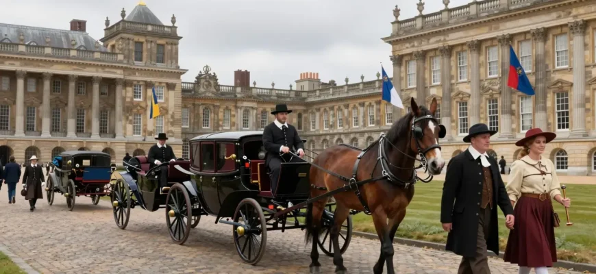 A cobblestone path with horse-drawn carriages and people in historical clothing walking along it, set in a royal courtyard with ornate buildings and flags in the background, daytime, realistic