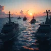 A modern U.S. Navy warship fleet conducting a precision strike against a small boat loaded with cocaine in the Caribbean Sea at sunset, featuring naval vessels with radar and missile systems, tropical ocean environment, dramatic lighting, no text or symbols on ships