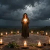 A mystical ritual scene with a person standing in a circle of candles, surrounded by ancient symbols and herbs, holding a glowing orb, with a dark stormy sky above and a faint light breaking through clouds, representing hope and renewal