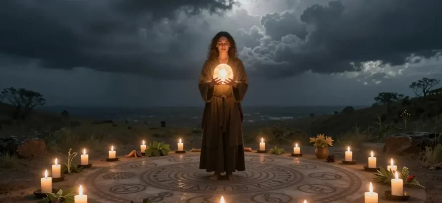 A mystical ritual scene with a person standing in a circle of candles, surrounded by ancient symbols and herbs, holding a glowing orb, with a dark stormy sky above and a faint light breaking through clouds, representing hope and renewal