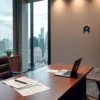 A modern corporate office interior with a large glass window showing a city skyline, a sleek wooden desk with a laptop and legal documents, a subtle logo of a Russian chemical company on the wall, muted professional color palette, no text or numbers visible