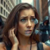 A woman in a city setting, looking distressed or confused, with subtle visual cues suggesting deception or manipulation, such as a shadowy figure in the background or a broken object symbolizing betrayal. The scene should evoke a sense of vulnerability and trickery without explicit text or prohibited content.