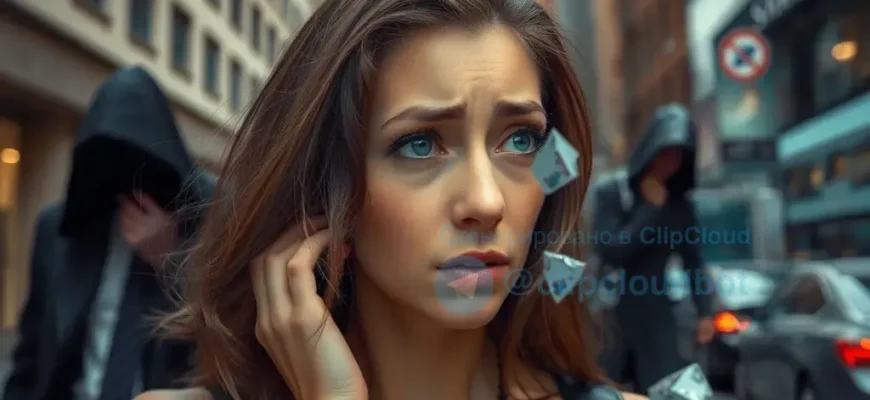 A woman in a city setting, looking distressed or confused, with subtle visual cues suggesting deception or manipulation, such as a shadowy figure in the background or a broken object symbolizing betrayal. The scene should evoke a sense of vulnerability and trickery without explicit text or prohibited content.
