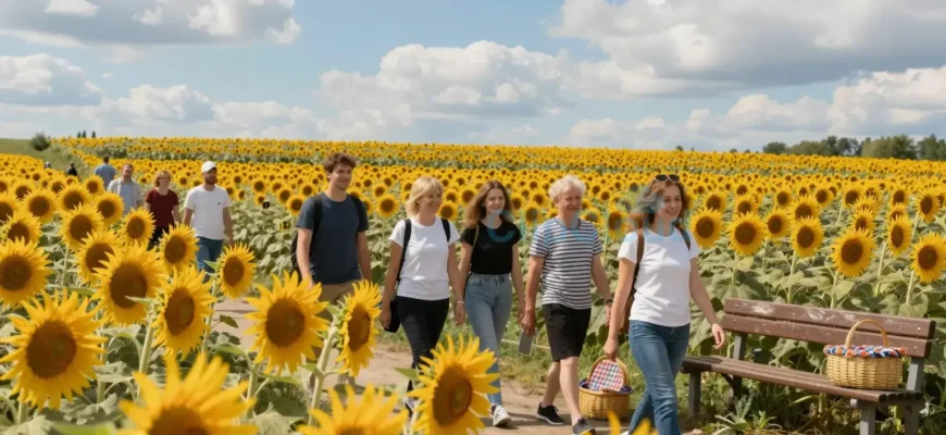 A vibrant outdoor scene in Yaroslavl with a large, colorful sunflower field as the main focus. Include a few people in casual clothing walking or standing among the sunflowers, smiling and enjoying the sunny day. Add a small wooden bench and a picnic basket nearby to suggest a relaxed, communal atmosphere. The sky should be clear and blue with soft clouds, and the overall mood should be cheerful and warm.