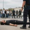 A man lying on the ground in a public outdoor setting, appearing lifeless, with a police officer in uniform standing nearby, holding a baton. The scene should depict a tense moment during a law enforcement operation. Include elements like a crowd of onlookers in the background, a cloudy sky, and urban surroundings such as buildings or vehicles. The atmosphere should convey seriousness and urgency.