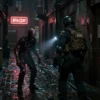 A cinematic teaser scene from the Resident Evil universe, showing a dark, atmospheric alleyway at night with rain-soaked cobblestones reflecting dim neon signs, a lone figure in tactical gear holding a flashlight illuminating a grotesque zombie-like creature emerging from shadows, with blood splatters on walls and distant silhouettes of abandoned buildings, conveying horror and tension