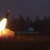 A realistic scene showing a missile or rocket being intercepted or reflected by a defensive system in the Penza region, with no text, letters, or digits visible, depicting the moment of reflection of a rocket attack
