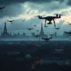 A dramatic scene showing a large-scale drone attack over the Moscow region with numerous small quadcopter drones filling the sky, dark stormy clouds, distant city skyline with illuminated buildings, tension and urgency, no text or symbols on the image