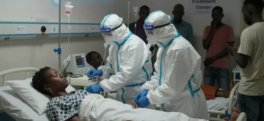 A somber scene depicting a crowded hospital ward in the Democratic Republic of Congo, with medical staff in protective gear attending to patients lying on beds, some with IV drips, while others are being monitored. The atmosphere is tense, with dim lighting and a sense of urgency. Include a few individuals in the background showing signs of distress, and a sign indicating 'Ebola Treatment Center' in the background.