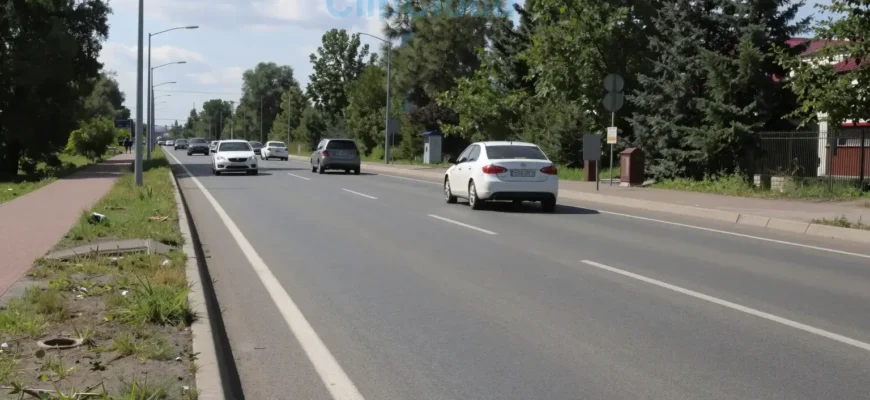 A road in Yaroslavl with improved quality, showing smooth asphalt, clear lane markings, and well-maintained surroundings. Include a few cars driving safely, trees lining the road, and a clear sky. Avoid any signs of damage or poor conditions.