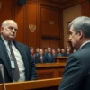 A solemn courtroom scene in a Russian city hall with a stern judge, a defendant in a suit looking nervous, and a crowd of onlookers, all depicted with realistic lighting and detailed textures, no text or numbers visible