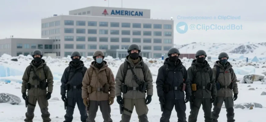 A dramatic scene of Greenland's icy landscape with a group of armed figures standing defiantly against a backdrop of a large American corporate building, symbolizing resistance against corporate influence. Include elements like snow-covered terrain, a cold atmosphere, and a sense of tension in the air. The figures should appear united and resolute, with the building in the distance showing signs of corporate branding.