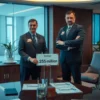 A formal business scene showing two company representatives in professional attire, one representing Tulskoye ООО «Машпром» and the other representing ООО «НПС Снабжение», standing in a modern office or conference room with documents and financial charts on a table, symbolizing a negotiation or demand for 252 million rubles, with a serious and official atmosphere, high detail, realistic lighting, and corporate decor