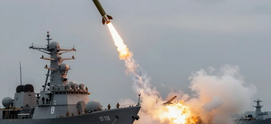 A military scene depicting the Northern Fleet launching a missile strike against a fortified enemy position. Show a missile being fired from a naval platform, with visible smoke trails and explosions in the distance. Include military ships, aircraft, and ground forces in the background. Use realistic military equipment and a dramatic, action-oriented composition.