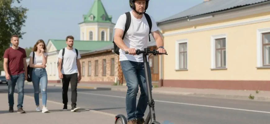 A man standing confidently on a street in Yaroslavets, wearing a helmet and riding an electric scooter, with a determined expression, surrounded by traditional Russian architecture and a few onlookers looking unimpressed or skeptical, sunny day, vibrant colors, dynamic composition