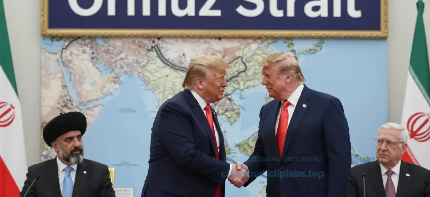 A political scene depicting Donald Trump in a formal setting, shaking hands with Iranian officials, with a large sign in the background reading 'Ormuz Strait' and a map of the region visible, symbolizing a diplomatic agreement involving the strait