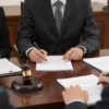 A courtroom scene with a judge, lawyers, and documents representing a legal dispute between a government enforcement agency and a company. Include elements like a gavel, legal papers, and a formal setting.