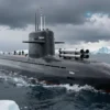 A futuristic nuclear submarine with a sleek, advanced design, featuring the 'Tsirkon' hypersonic missile system on deck, surrounded by icy Arctic waters and a stormy sky, emphasizing cutting-edge military technology and naval power