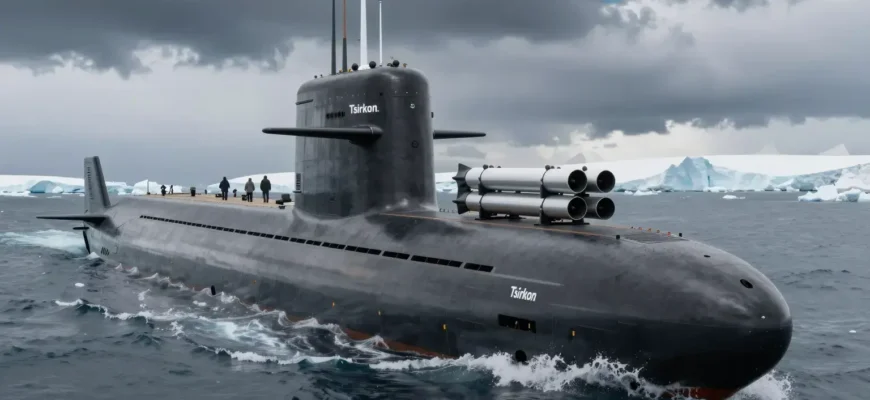A futuristic nuclear submarine with a sleek, advanced design, featuring the 'Tsirkon' hypersonic missile system on deck, surrounded by icy Arctic waters and a stormy sky, emphasizing cutting-edge military technology and naval power