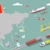 A modern trade exchange between China and Russia, showing goods like electronics, machinery, and energy resources being transported via ships, trains, and trucks across borders. Include bustling ports, industrial areas, and international flags. Depict cooperation and economic growth.