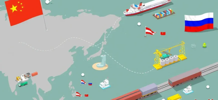 A modern trade exchange between China and Russia, showing goods like electronics, machinery, and energy resources being transported via ships, trains, and trucks across borders. Include bustling ports, industrial areas, and international flags. Depict cooperation and economic growth.