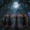 A mystical celebration under the shadow of Lilith on August 1, 2026. A moonlit forest scene with ancient trees, glowing symbols, and a dark, enchanting atmosphere. Silhouettes of people dancing in a circle, holding candles, with a faint figure of Lilith watching from the shadows. Ethereal light, magical ambiance, and a sense of ancient ritual.